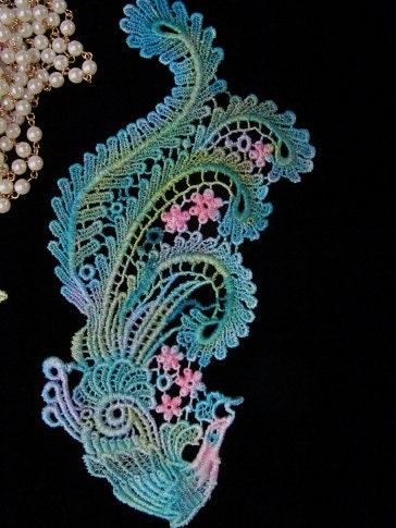 Teal Turquiose Peacock Hand Dyed Venise Lace Applique Embellishment
