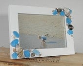 Seashell Photo Frame Beach Theme With Aqua Blue Sea Glass For Coastal Home Decor