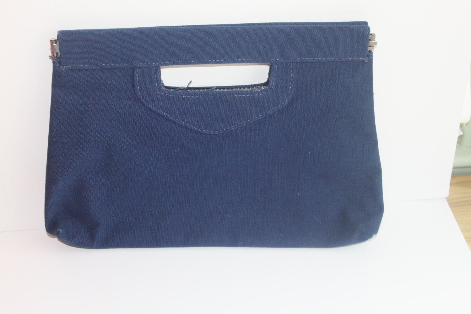 Navy Blue Canvas Clutch with Hinged Frame