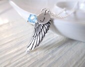 Personalized Graduation Necklace, Silver Wing with Birthstone and Initial Charms, Birthstone Necklace, Angel Wing, Graduation Gift
