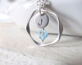 Personalized Necklace, Silver Circle with Birthstone and Initial Charms, Birthstone Necklace, Pendant Necklace, Engraved Jewelry