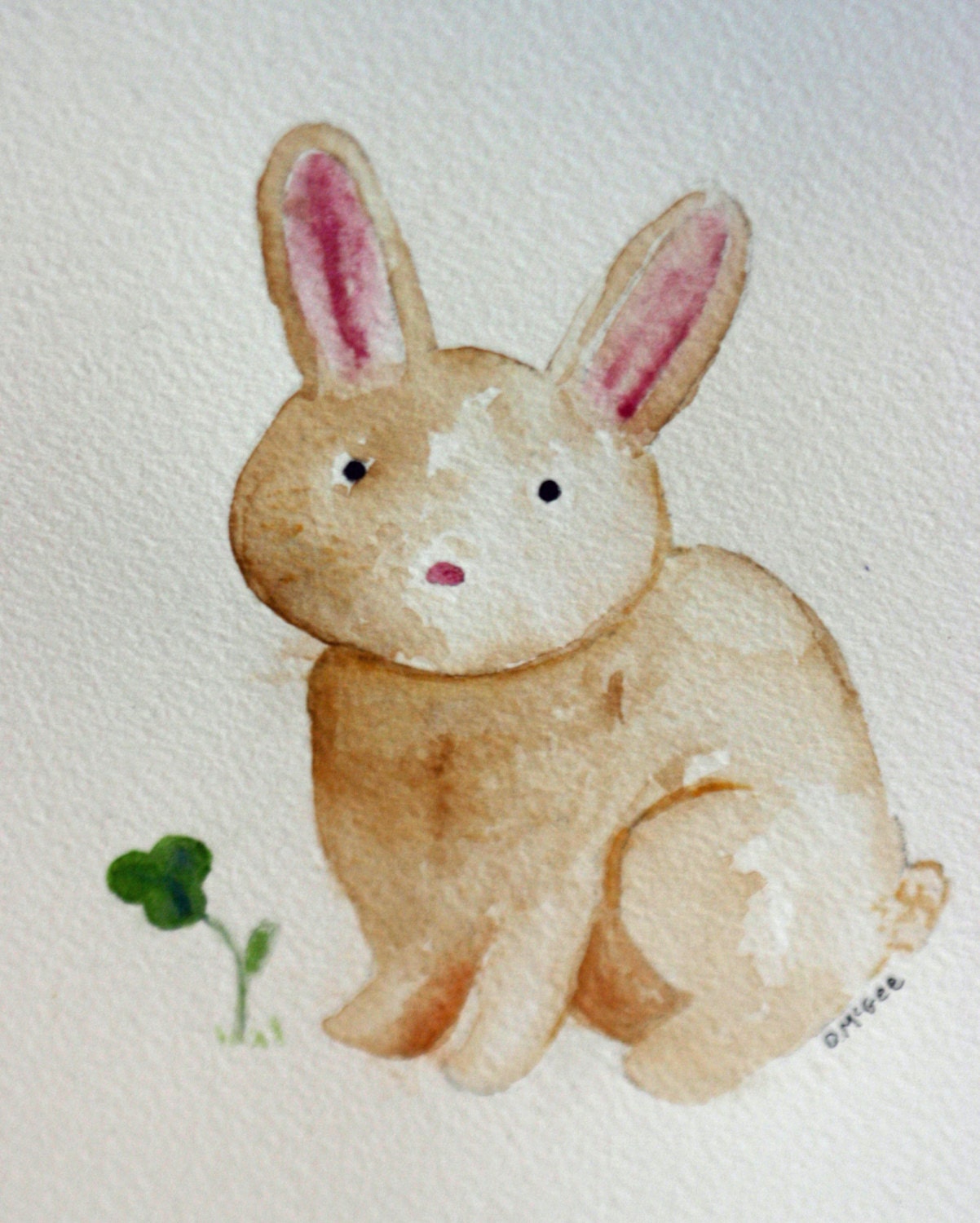 Little Brown Bunny with clover, original watercolor, simple, children's art, animal, woodsy, nature, nursery