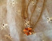 Adorable Antique 14K GF Rope Chain Necklace with Gold Enameled Pink Pansy Flower Charm