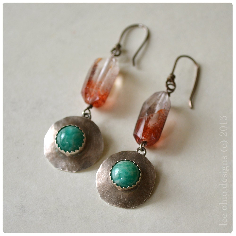 Emerald green earrings Red Lepidocrocite, Long Boho strawberry quartz and jade green Amazonite, Tribal Fine silver crystal earrings