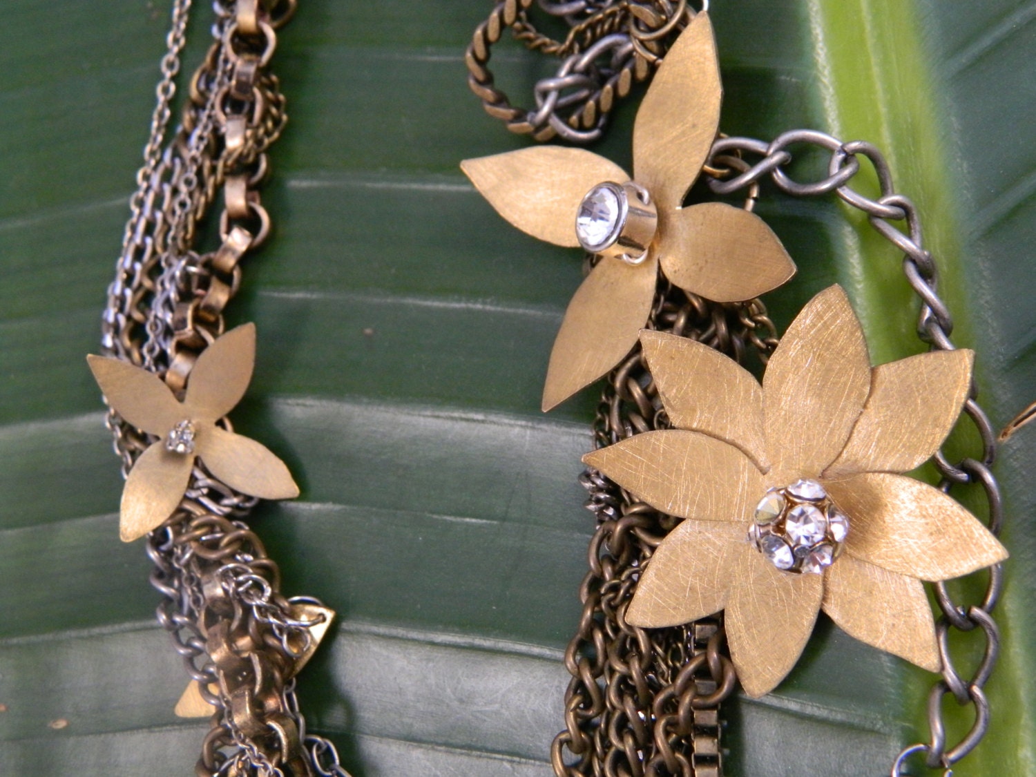 Repurposed Upcycled Metal Necklace Chain Statement Brass Rhinestone Crystal Sparkly Flowers Handmade Long Adjustable Tangled Couture Jewelry