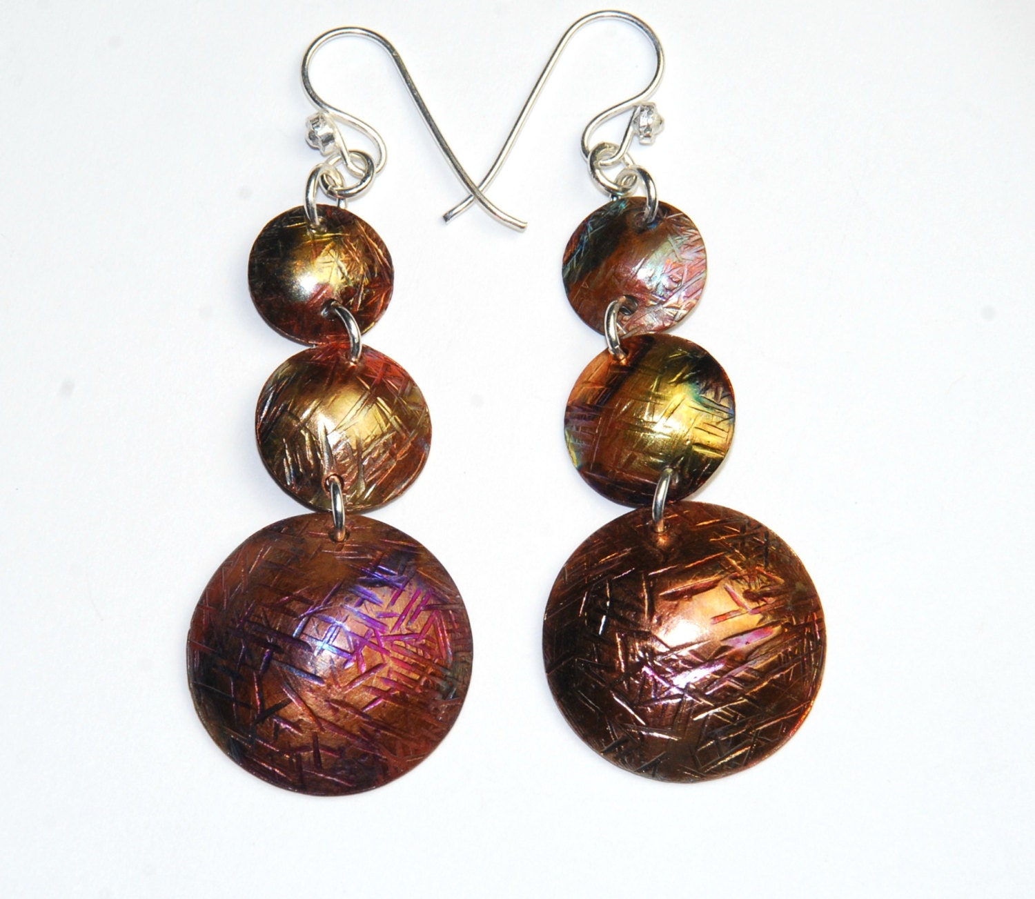 Rainbow Copper Circle Earrings - Mixed Metal Long Earrings - One of a Kind Jewelry - Solar System - Textured Metalwork