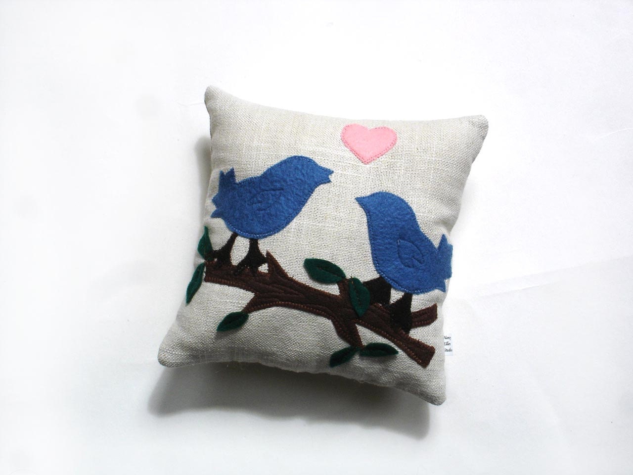 Blue love birds small pillow, appliqued ring bearer decorative Spring home decor