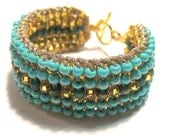 Cuff Bracelet, Turquoise, Blue Green, Peacock, SURISE GOLD, Hand Made Beaded Knit, Wearable Fiber Art Reversible, Sereba Designs, Etsy