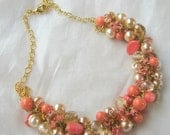 Bridesmaids Bib Style Pearl Crystal Necklace, Coral, Deep Peach, Poppy, Orange, Gold, Hand Knit