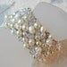 Freshwater Pearl Crystal  Wide Soft Hand Knit Bridal Wedding Bead Cuff Bracelet, White, Ivory Unique Original Exclusive, Sereba Designs