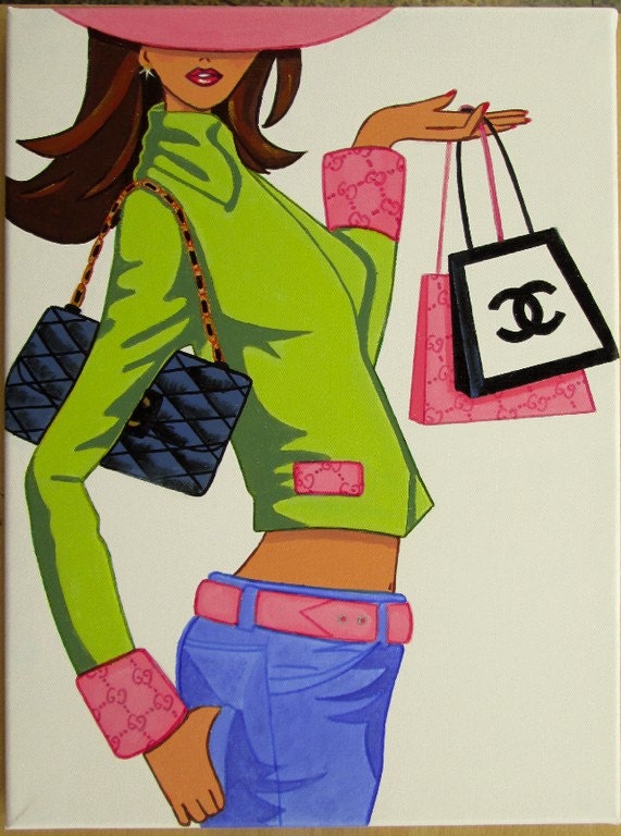Original Painting of  Fashion Girl Pink green coat belt hat jeans Chanel Gucci bag by Julie Barry