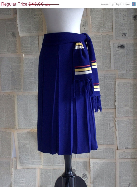 SALE Vintage 1960s Skirt 60s Blue Wool Box Pleated Skirt with Sash Size Medium