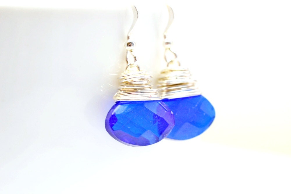 Cobalt Blue Dangle Earrings, Wire Wrapped Briolette Earrings, Monaco Blue Jewelry