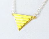 Brass Geometric Necklace, Triangle Necklace, Mixed Metals Jewelry, Sterling Silver with Stripes
