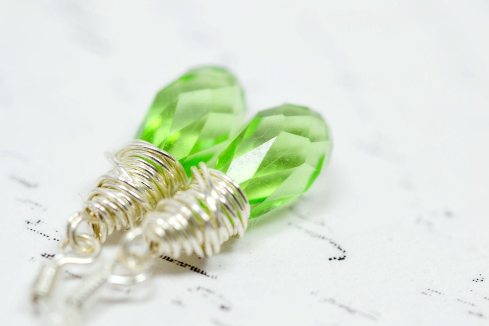 Peridot Crystal Earrings, Spring Green Dangle Earrings, Swarovski Crystals on Sterling Silver
