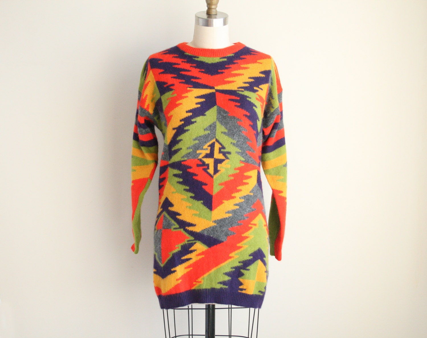 Geometric Print Sweater - Bright Neon Aztec Print - Angora Sweater - Oversized Tunic Sweater Dress