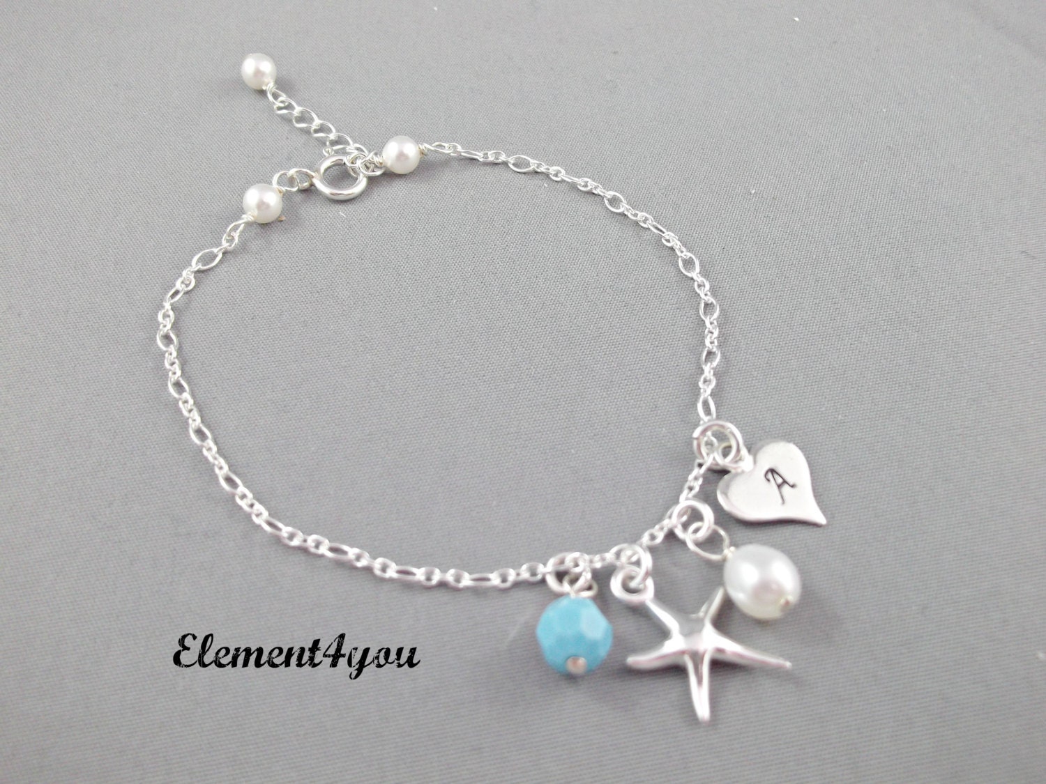 Initial bridesmaid bracelet, Starfish charm, Destination wedding jewelry, Hand stamped Heart charm, Personalized gift, Turquoise bead.
