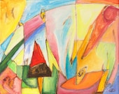 Abstract Nature Acrylic Painting Red Green Yellow Orange Blue Multi-colored 8 x 10 titled A Walk in the Neighbourhood