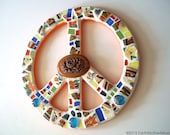 Mosaic Peace Sign: Pique Assiette and Stained Glass, Orange, Blue, Green, Yellow, Red, Brown
