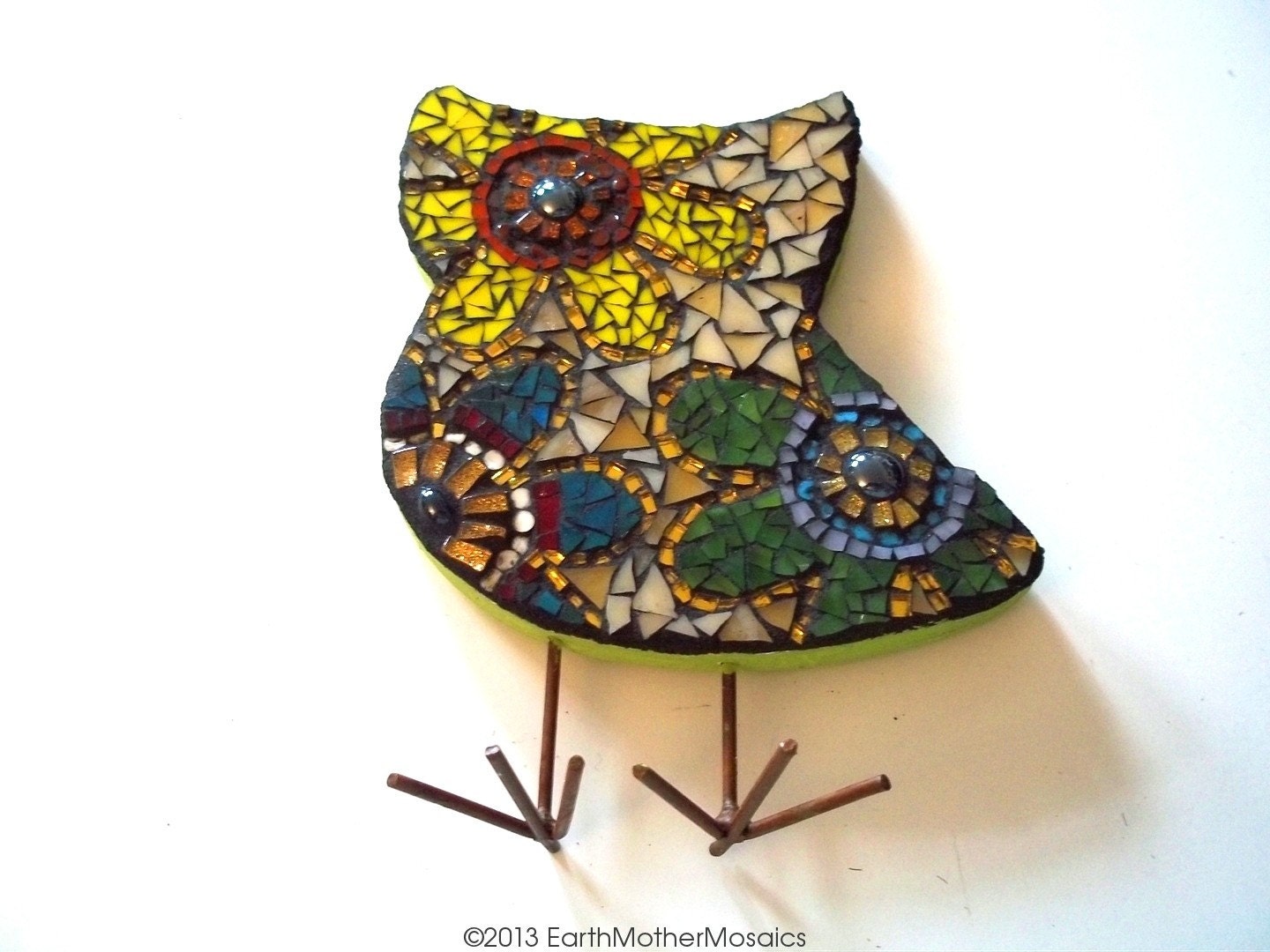 Mosaic Stained Glass Owl: Shelf Sitter, Hippie, Flowers, Retro, Groovy Lime Green