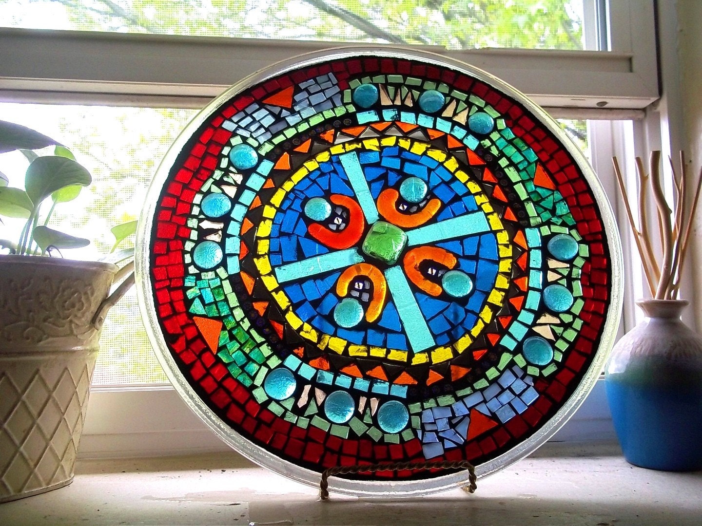 Stained Glass Mosaic Plate: Decorative Mosaic, Stained Glass Mandala, Upcycled, Recycled