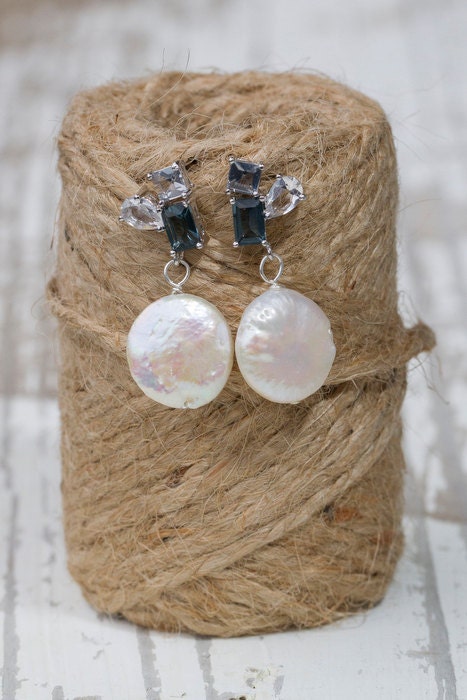 Bridal Earrings: Blue and Clear Quartz Cluster with Drop Pearl