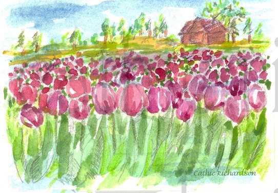 Tulip Fields Country Cabin Watercolor ACEO Print