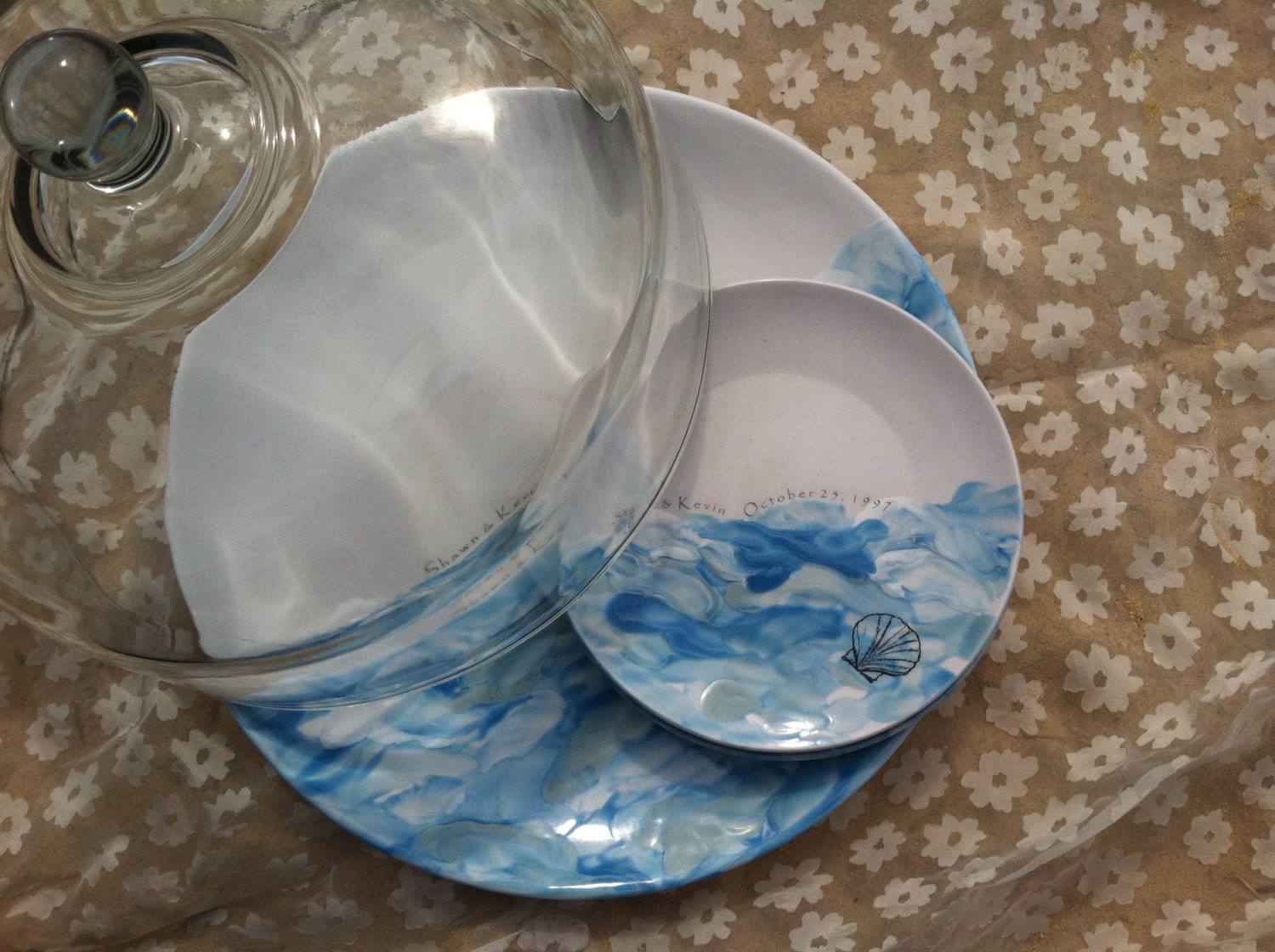 Personalized Wedding Gift, Cake Plate with Dome and  Dessert Plates, Ocean, Sea, Sea shell, Anniversary Gift, Couples gift