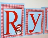 Large Blocks - Ryker Collection - Dr. Seuss- Red and White Gingham and Light Blue Theme Personalized Blocks- Price is per letter/block