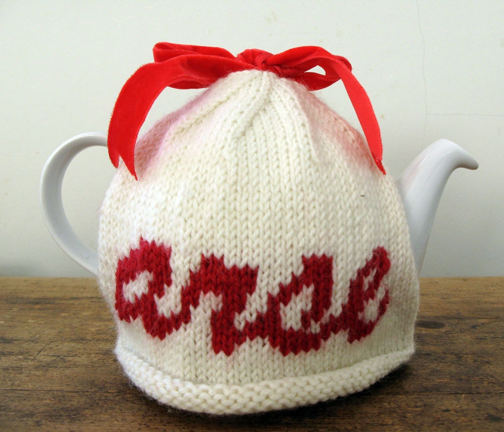 Rude Valentine - "arse" cream and red wool tea cosy