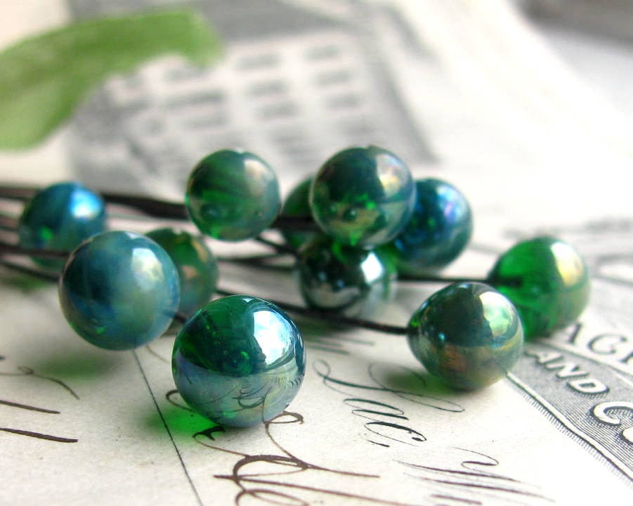 Handmade glass lampwork headpins "Blue Absinthe" aqua, blue, green, 7mm round, 3" long copper wire, 22 gauge, (4 head pins) absynthe