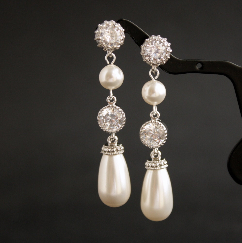 Wedding Pearl Jewelry Bridal Earrings Cubic Zirconia White Pearl Earrings Silver Posts Wedding Earrings