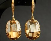 Gold Bridal Jewelry with Golden Shadow Swarovski Rectangle on Cubic Zirconia Bridal Earrings Wedding Jewelry