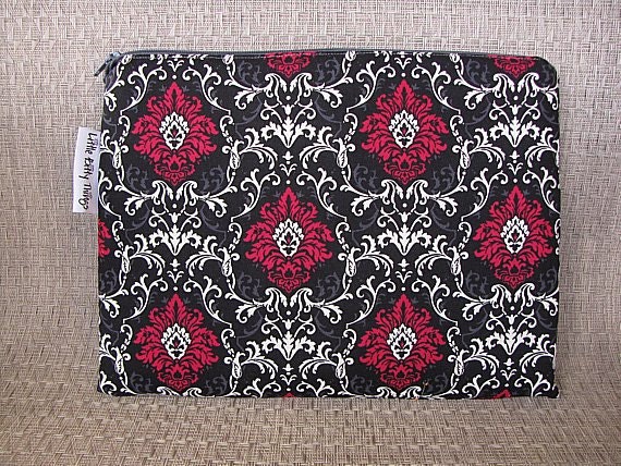 iPad Sleeve - Grey on Black Damask with Red