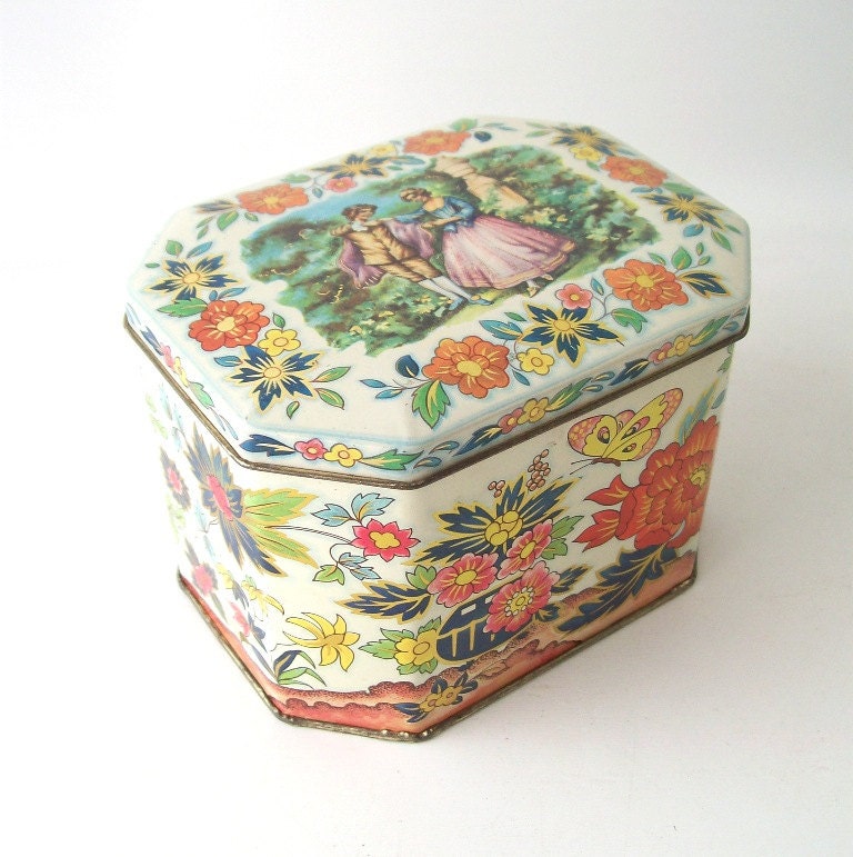 vintage white candy tin box daher england butterfly flowered floral container metal mid century modern flower square colorful bright