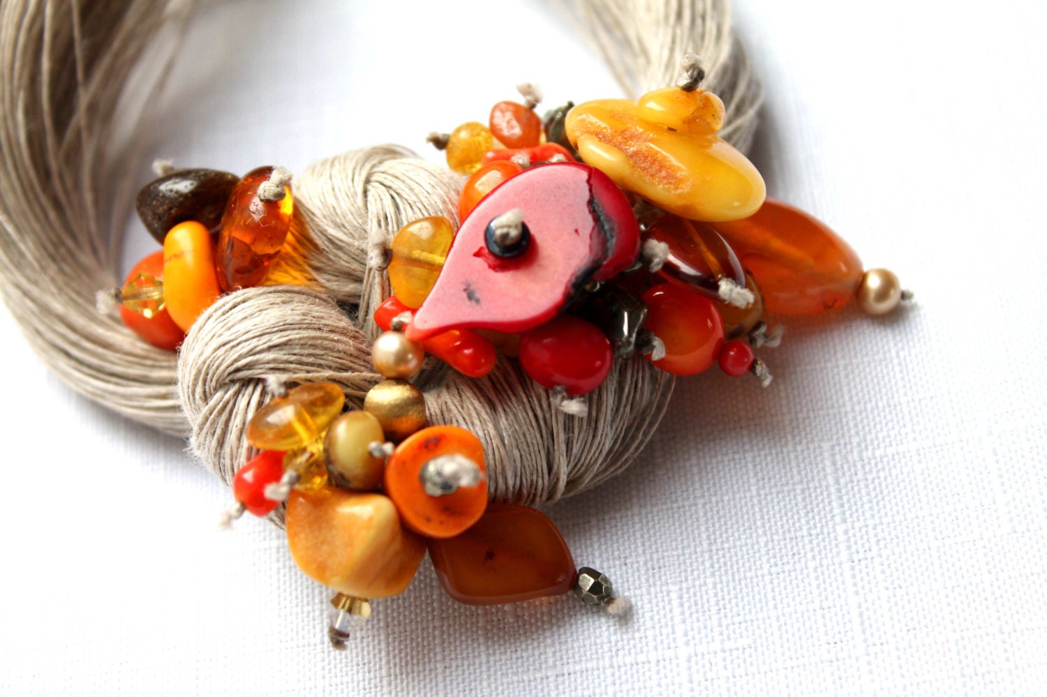 Macrame Bib Necklace Red Coral Baltic Amber Statement Jewelry Linen Fiber Necklace Gray Orange OOAK  Seven Seas