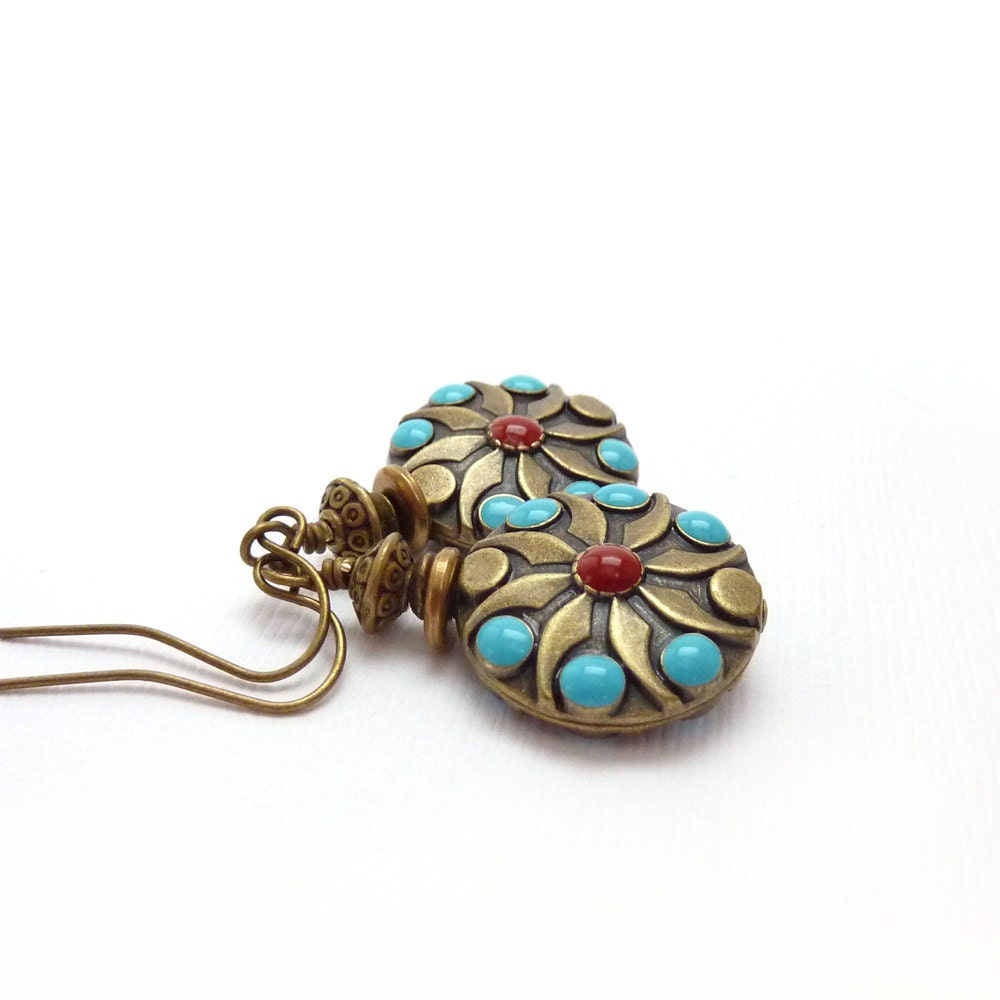 Turquoise Boho Earrings, Southwestern Style, Bronze Drop Earrings, Turquoise and Coral, Bohemian Jewelry