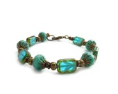 Seafoam Beaded Bracelet, Aqua Blue, Picasso Finished Glass Beads, Engraved Fire Polished Beads, Bohemian Bracelet