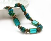 Mother of Pearl Bracelet, Aqua Blue, Emerald Green, Picasso Tablecut Beads, Elastic Stacking Bracelet, Friendship Bracelet