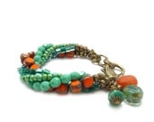 Boho Bracelet, Multi Strand Picasso Glass, Orange, Turquoise, Teal Charm Bracelet, Seed Beads, Chunky Statement Bracelet