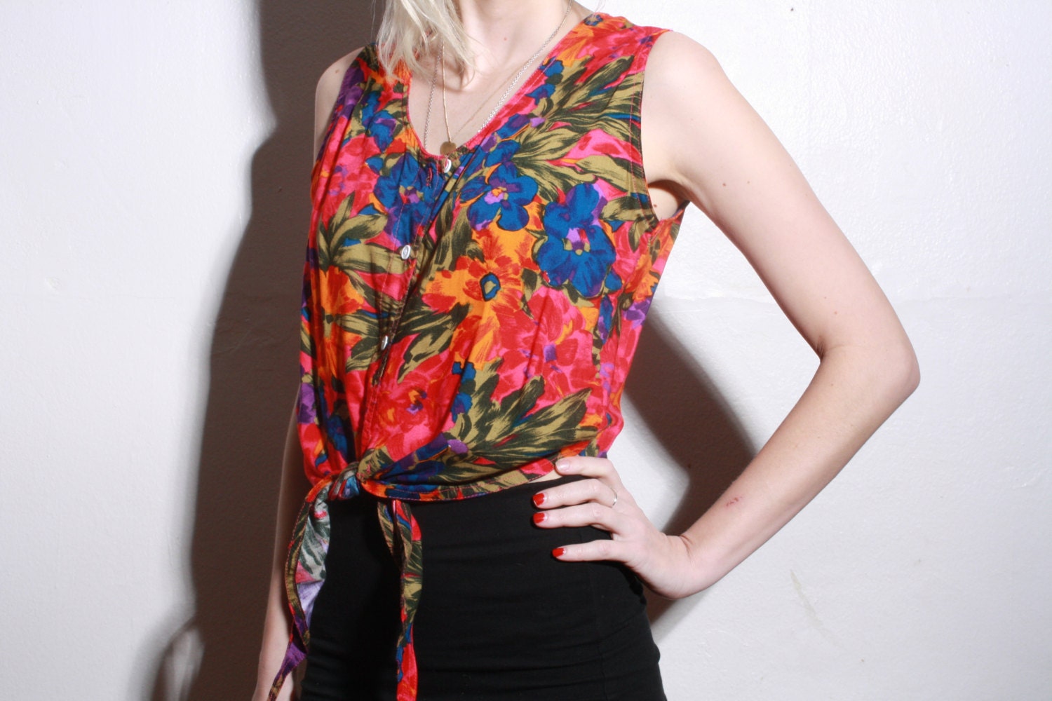 Vintage Floral Tie Front Shirt Crop Top