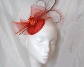 Burnt Orange Pheasant Curl Feather Crinoline Bow & Pearl Wedding Fascinator Mini Hat - Custom Made to Order