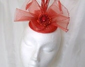 Burnt Orange and Red Vintage Style Crinoline Bow Feather Plume & Jewel Wedding Fascinator Mini Hat - Custom Made to Order