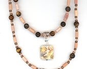 Gemstone Necklace, Brown and Peach Color, Zebra Jade, Light Taupe Cateye, Moss Opal, Wear 3 Ways