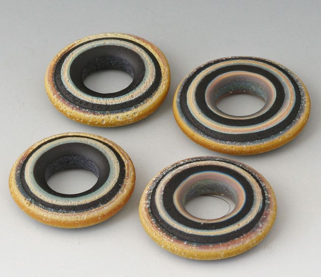 Rustic Tapestry Discs - (4) Handmade Lampwork Beads - Tumble Etched - Black, Brown