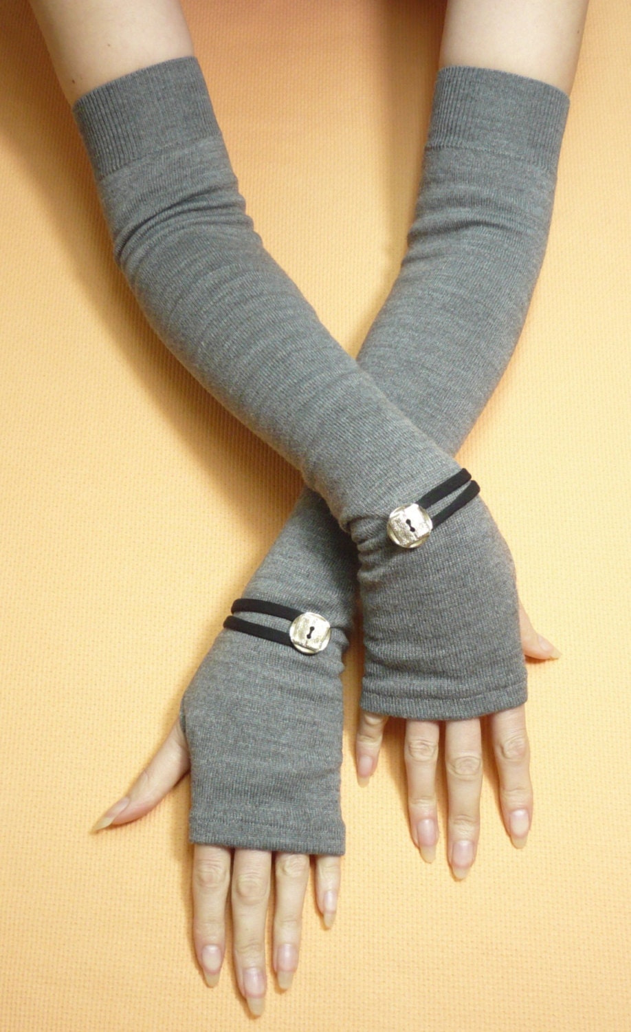 Long Grey Fingerless Gloves with Metal Buttons, Boho Armwarmers, Tattoo Covers, Ladie's Sleeves