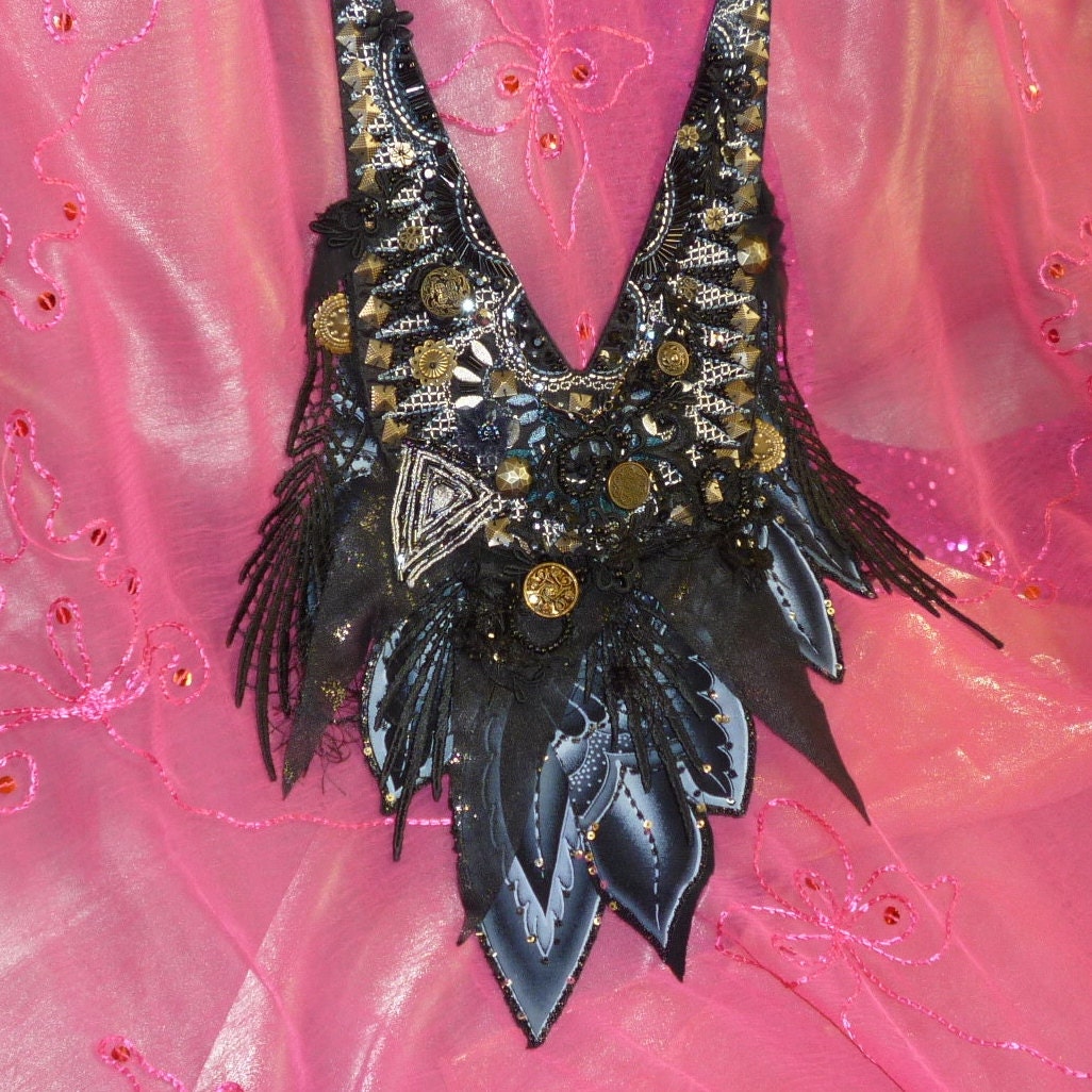 Black Tattered Beaded Wearable Art, Fabric Necklace Bib