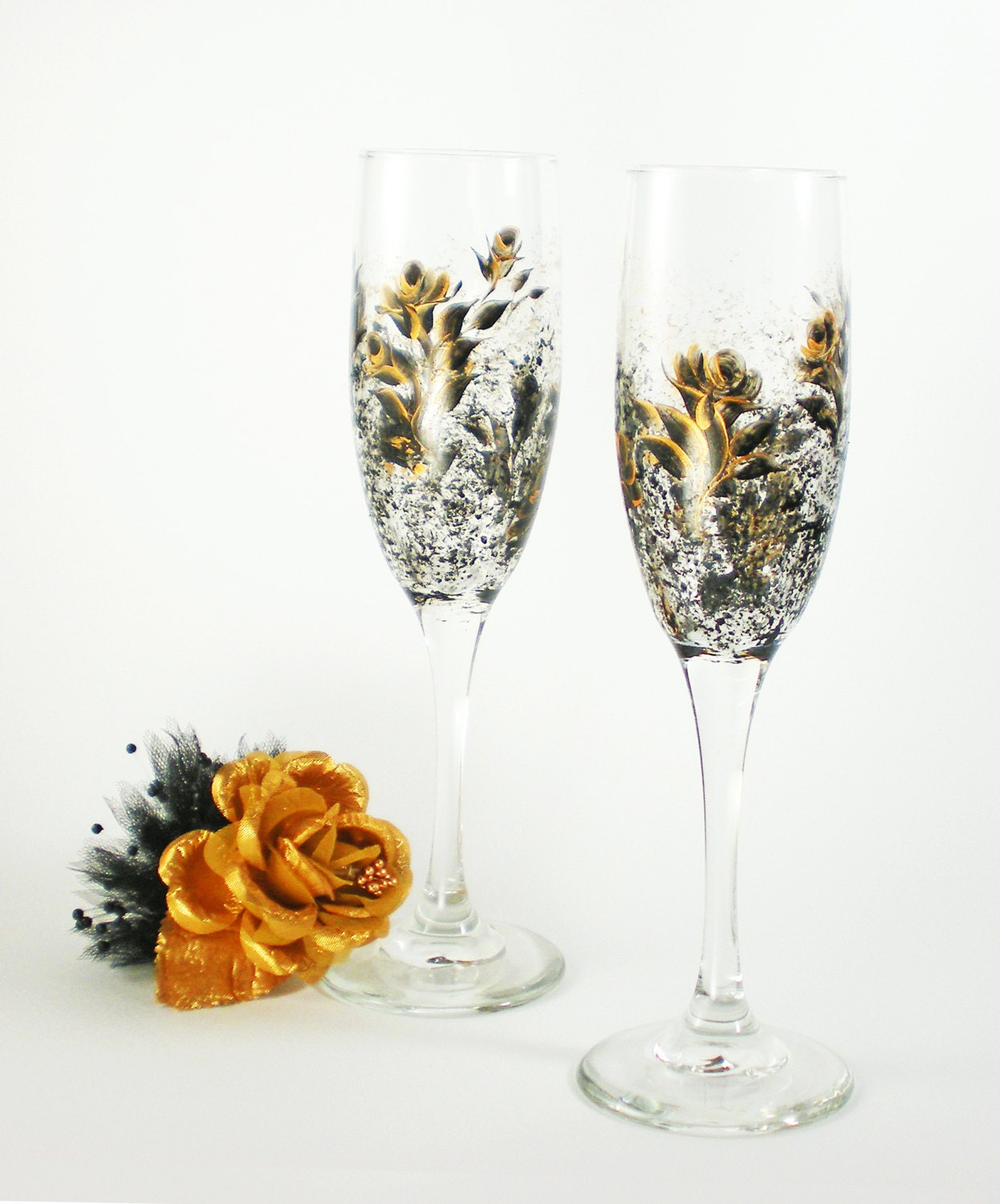 Hand Painted Crystal Champagne Flutes - Gold and Ebony Black Rose Design - 50th Anniversary New Years Toasting Glasses, Set of 2