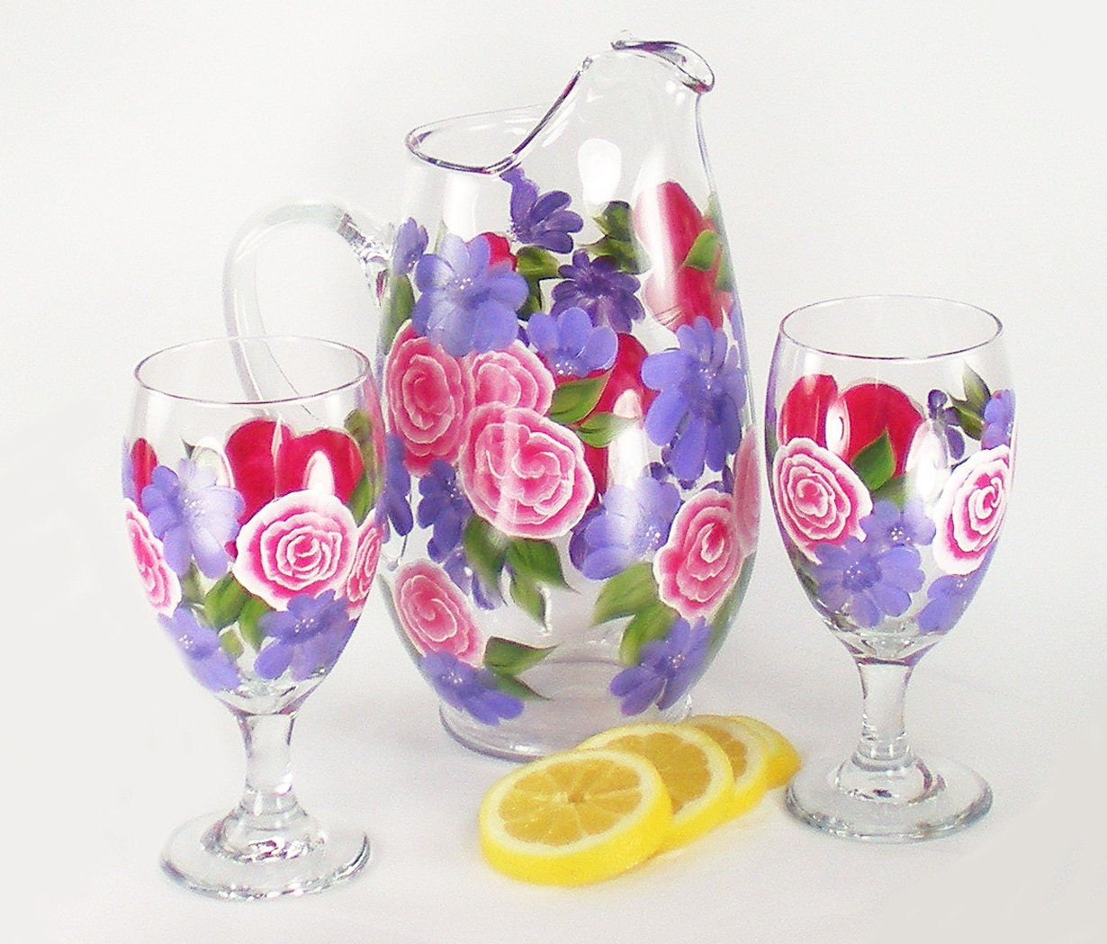 Hand Painted Pitcher and Beverage Glasses - Pink Azaleas, Purple Daisies, Lemonade Sangria Juice Water Glasses Housewarming