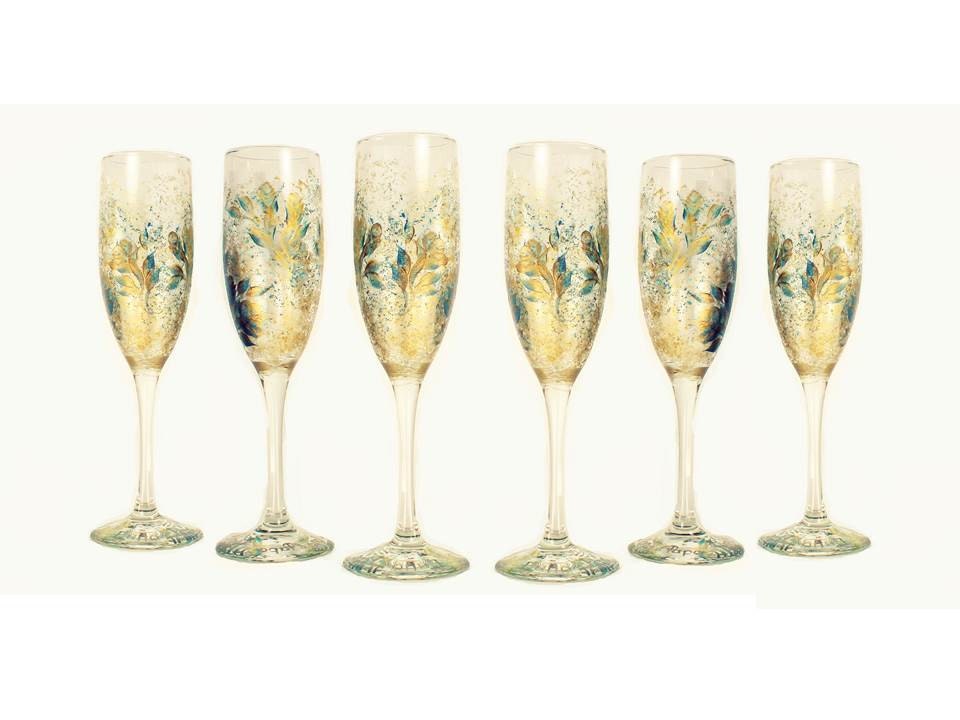 Hand Painted Champagne Glasses - Gold and Teal Blue Roses, Set of 6 - 50th Anniversary Wedding Toasting Glasses